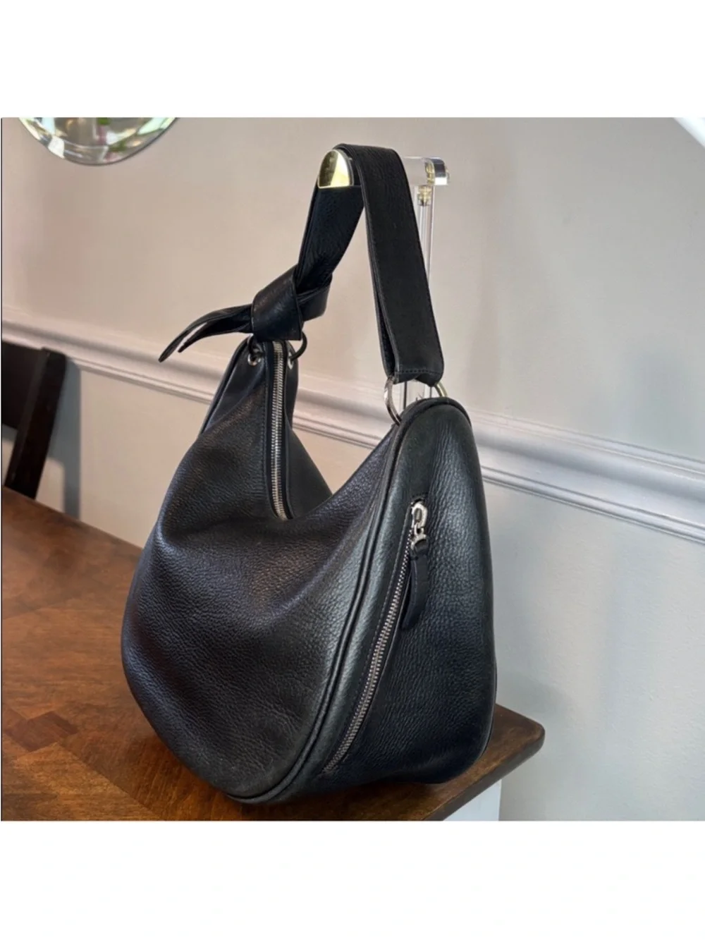 Borbonese Black Pebbled Leather Hobo Shoulder Bag